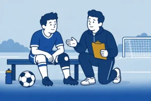 Voetballer met kniebrace in gesprek met een begeleider aan de rand van het veld.