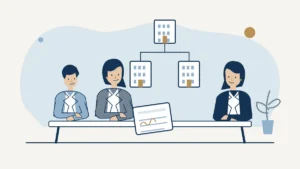 Entrepreneurs and an adviser reviewing a company and branch structure