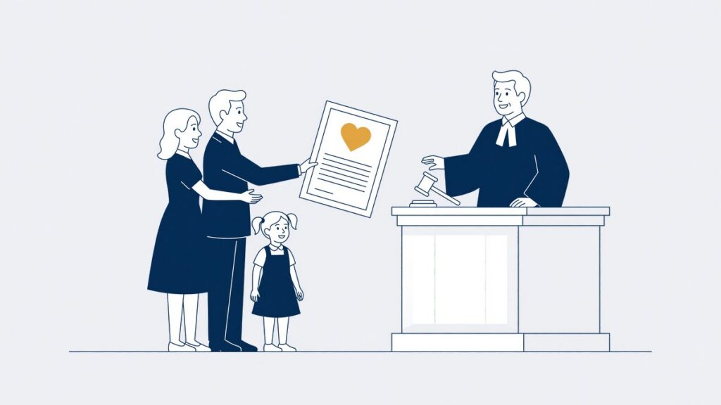 Stel met kind tegenover de rechter met een adoptieverzoek
