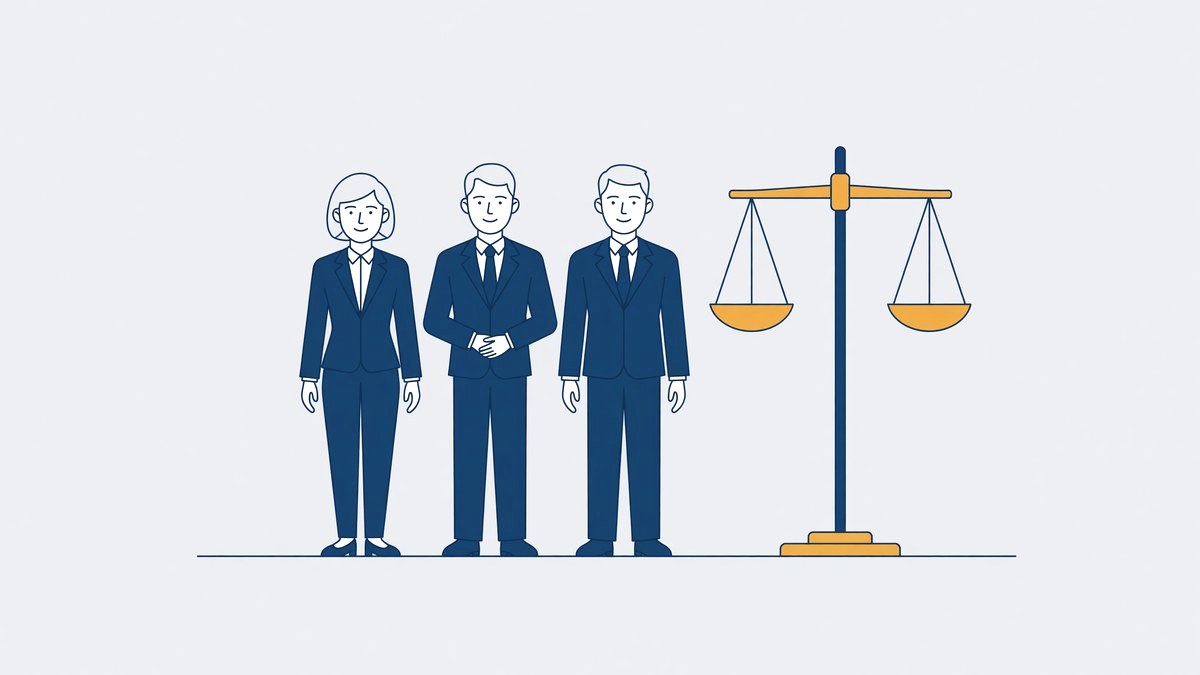Illustratie bij de strafrechtspecialisten van Arslan Advocaten: drie advocaten bij een weegschaal