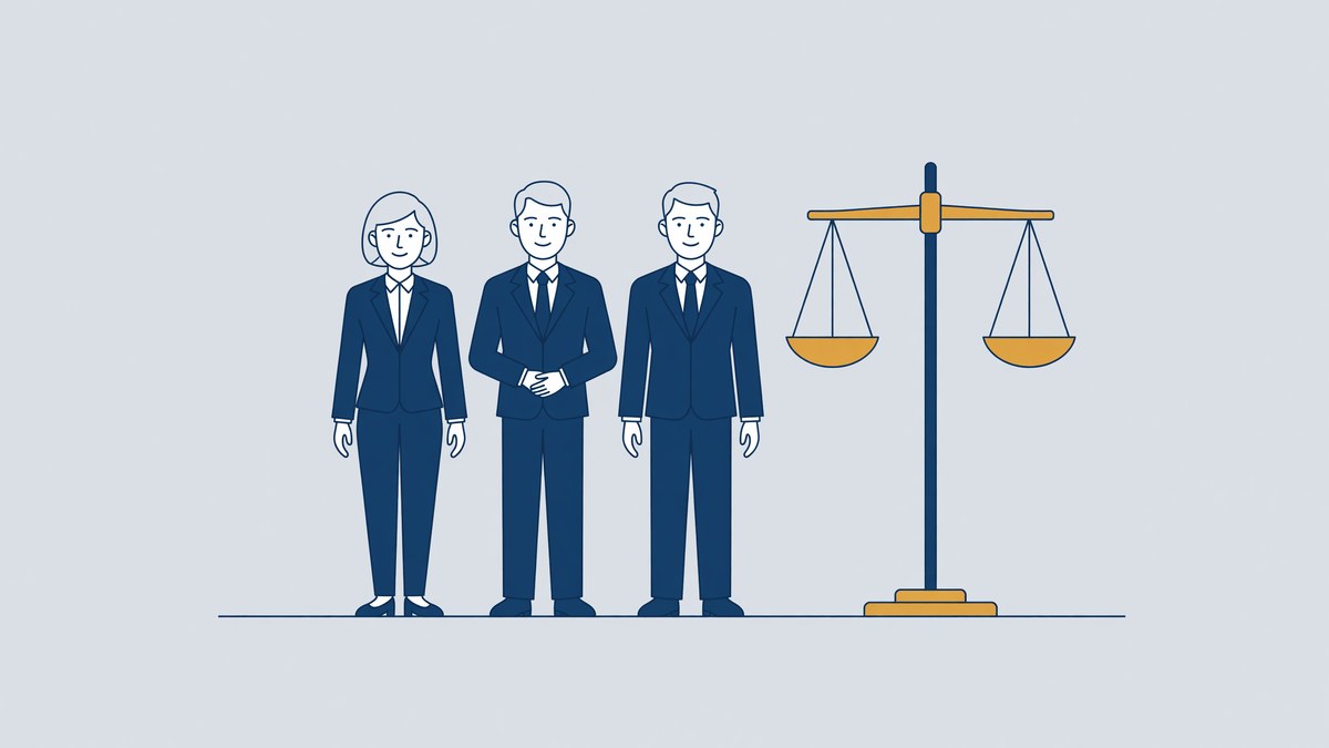 Illustratie bij de strafrechtspecialisten van Arslan Advocaten: drie advocaten bij een weegschaal