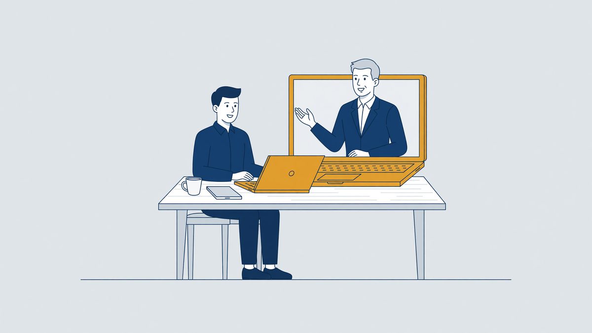 Illustration: an employee works from home at the kitchen table and receives instructions via the laptop