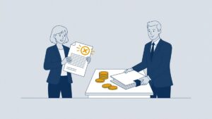 Illustration: a young employee with an expiring contract and coins on the table, temporary contract not renewed