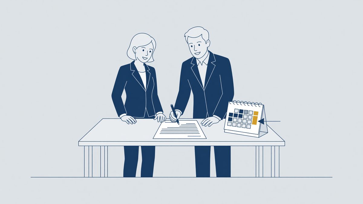 Illustratie: werkgever en werknemer tekenen een tijdelijke arbeidsovereenkomst met einddatum