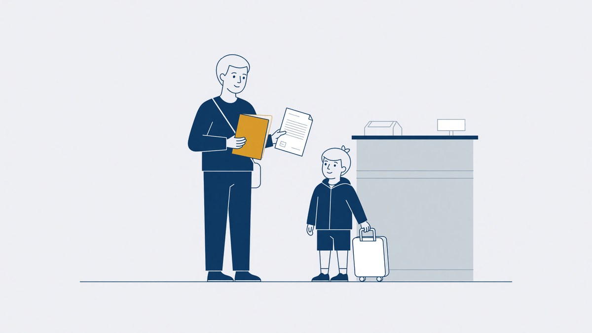 Ouder met paspoort en toestemmingsbrief aan de balie, met het kind en een koffer