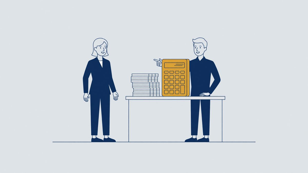 Illustration: an employee calculates the transition payment with a calculator and payslips