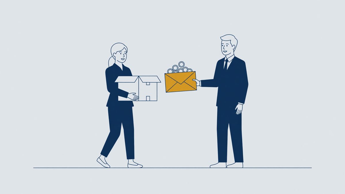 Illustratie: werknemer verlaat het kantoor en krijgt een envelop, transitievergoeding na een tijdelijk contract