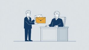 Illustration: an employee with a large and a small envelope before the judge, transition and fair compensation