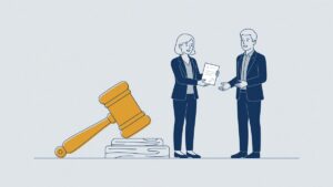 Illustration: a judge's gavel next to a sick agency worker and a recruiter, Supreme Court ruling on the agency clause