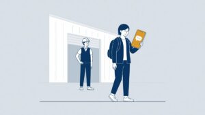 Illustration: a young agency worker leaves the warehouse looking at a phone, dismissed as an agency worker