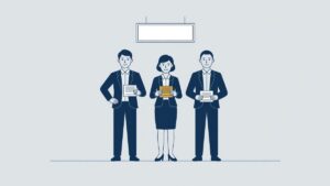 Illustration: three temporary agency workers each holding an agency contract, the rights of agency workers