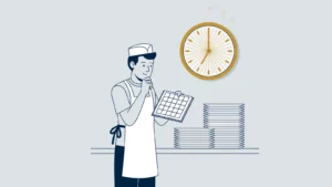 Hospitality worker in an apron looks at the clock late in the evening, holding a work schedule