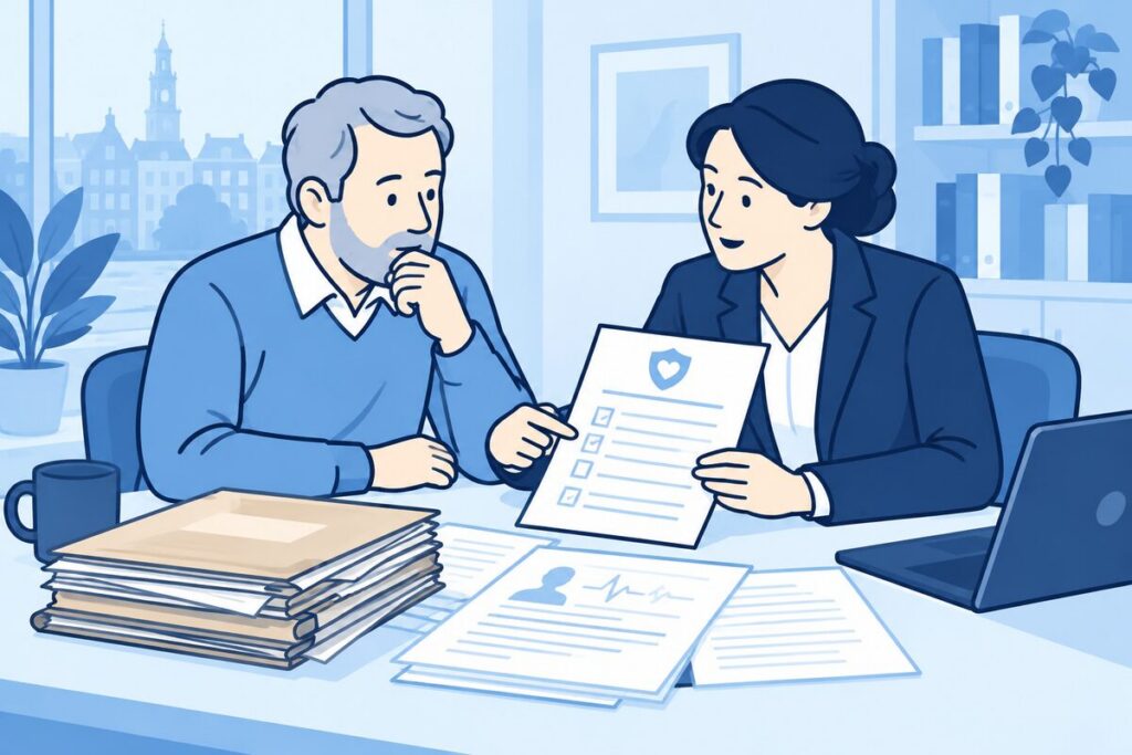 Cliënt en advocaat vergelijken de verzekeringsaanvraag met eerdere gegevens.