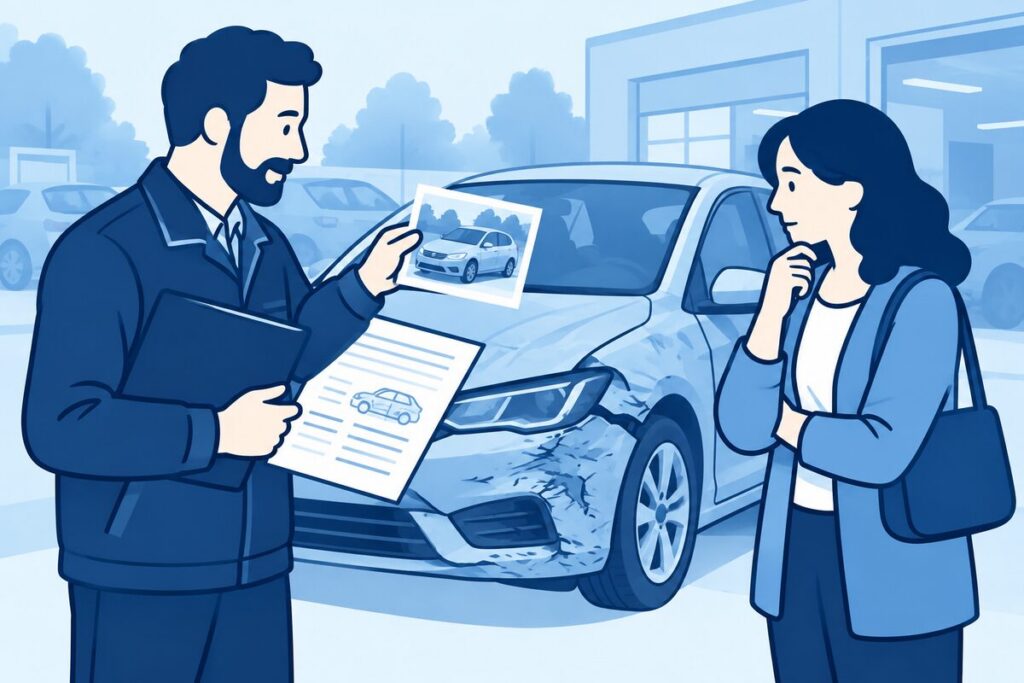 Auto-eigenaar en deskundige bekijken schadefoto’s en een reparatiebegroting.