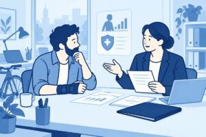 Zelfstandige en adviseur bespreken arbeidsmogelijkheden en verzekeringsstukken.