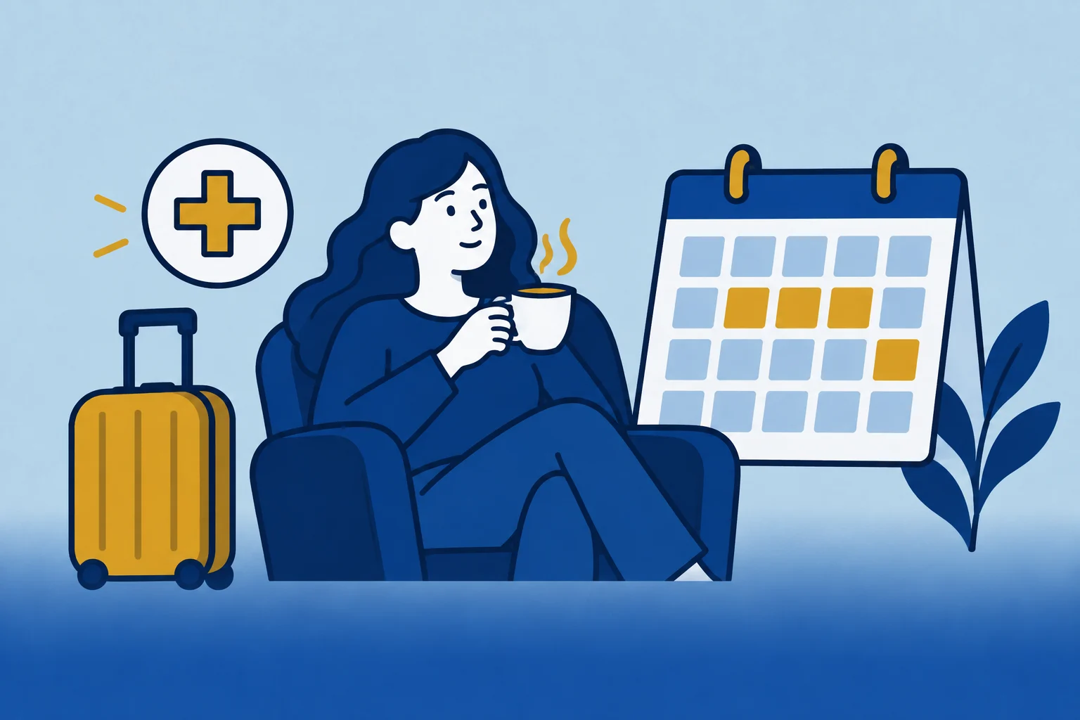 Werknemer in een stoel met een kop thee, kalender, reiskoffer en medisch symbool.