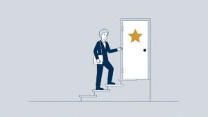 Illustration: an agency worker climbs the steps to a permanent job under the chain rule