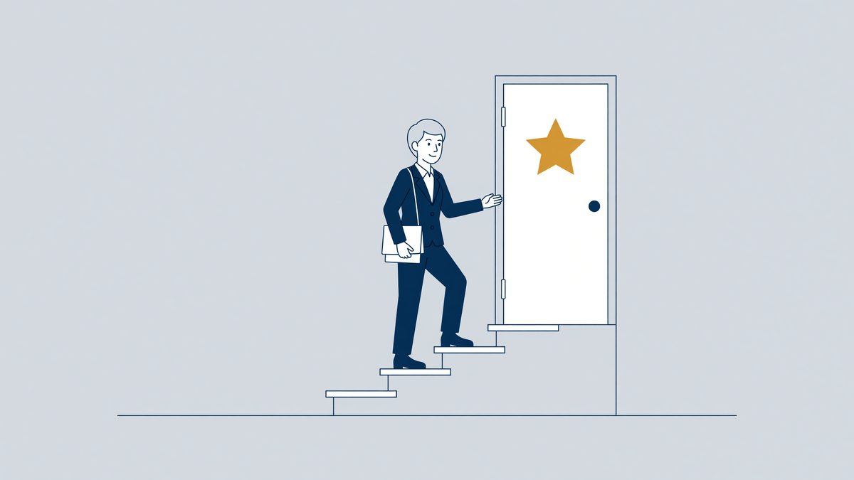 Illustratie: uitzendkracht loopt de trap op naar een vaste baan via de ketenregeling