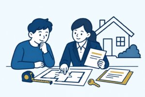 Cliënt en adviseur beoordelen een woningplattegrond, documenten, meetlint en sleutel.