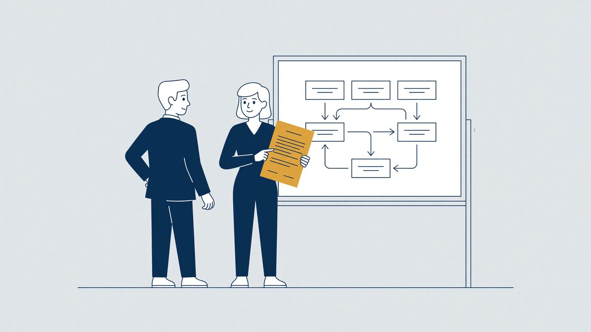 Illustration: an employee with a settlement agreement in front of a reorganisation chart