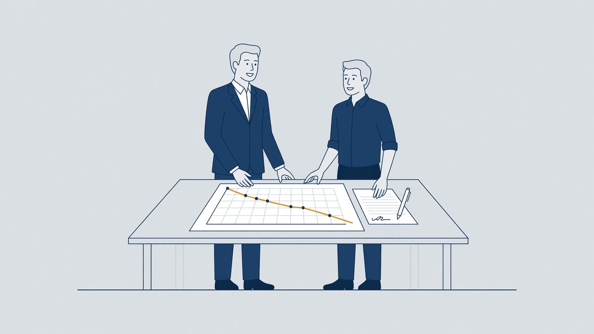 Illustration: a manager and an employee at a declining performance line, agreement for underperformance