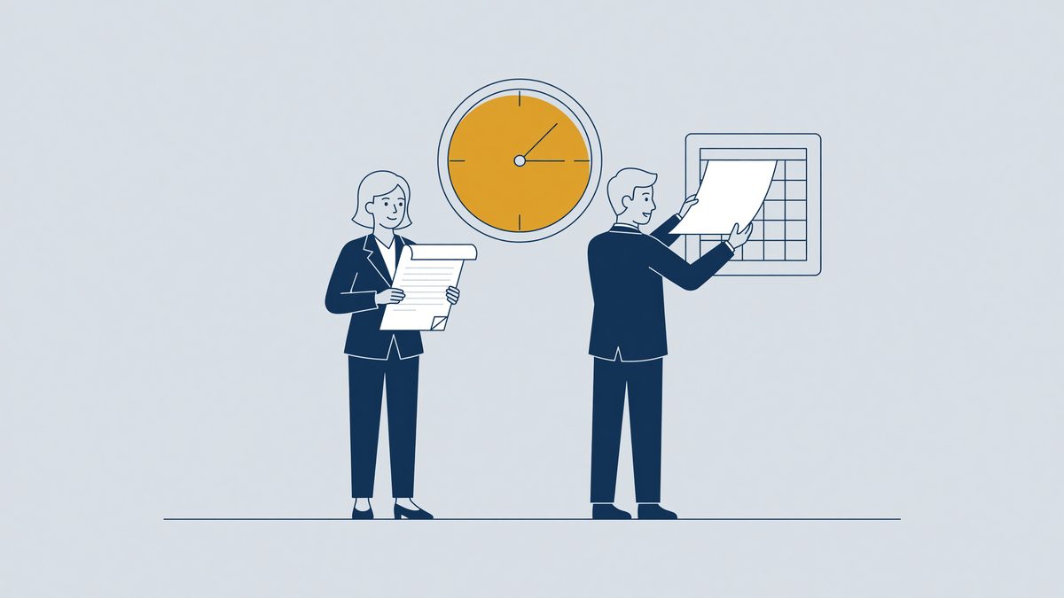 Illustration: an employee with a settlement agreement next to a clock and a calendar, the notice period