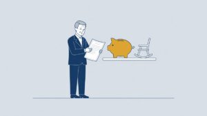 Illustration: an older employee reads a settlement agreement next to a piggy bank, agreement and pension