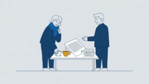Illustration: a sick employee with tea looks at a settlement agreement, an agreement during illness