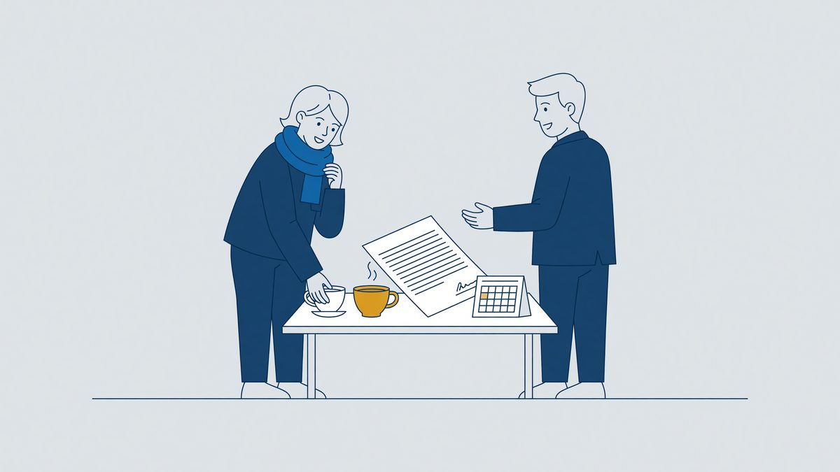 Illustratie: zieke werknemer met thee bekijkt een vaststellingsovereenkomst, VSO tijdens ziekte