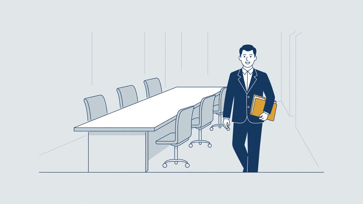 Illustration: a statutory director leaves the boardroom with a folder, settlement agreement for a director
