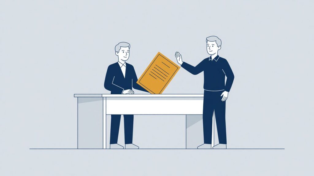 Illustration: an employee calmly pushes back a settlement agreement, refusing the agreement