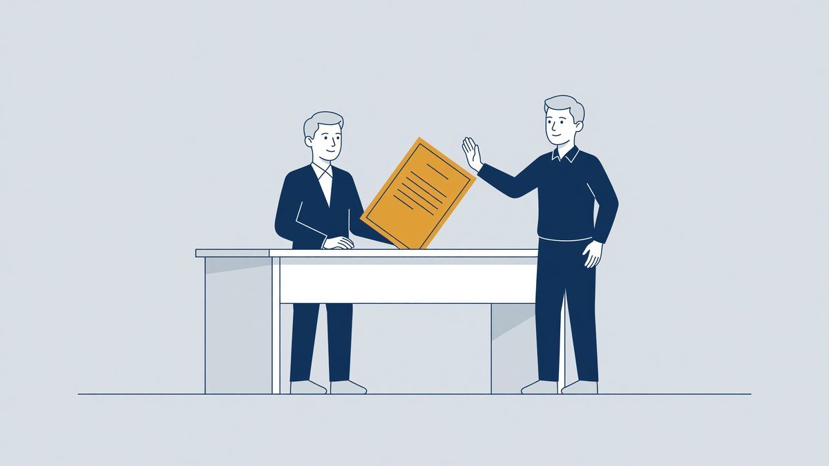 Illustration: an employee calmly pushes back a settlement agreement, refusing the agreement