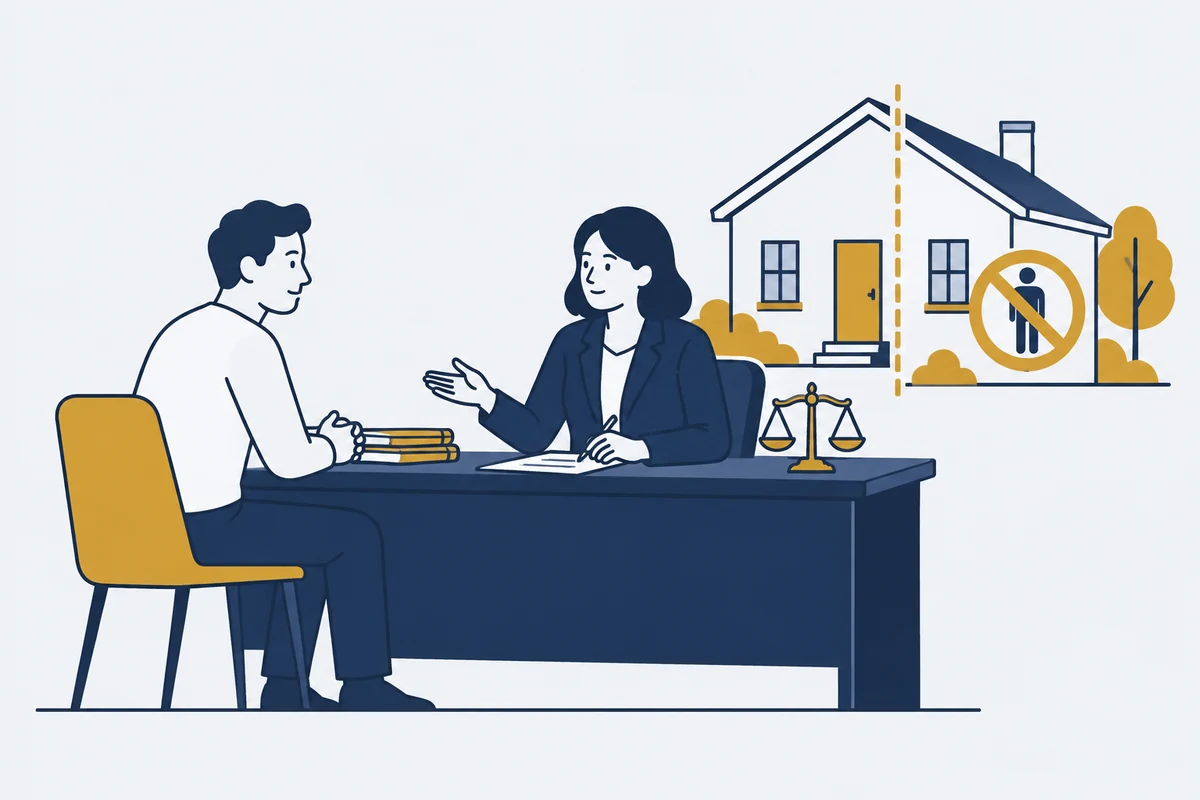 Advocaat bespreekt een tijdelijk huisverbod met een cliënt, met een woning en gouden grenslijn op de achtergrond.