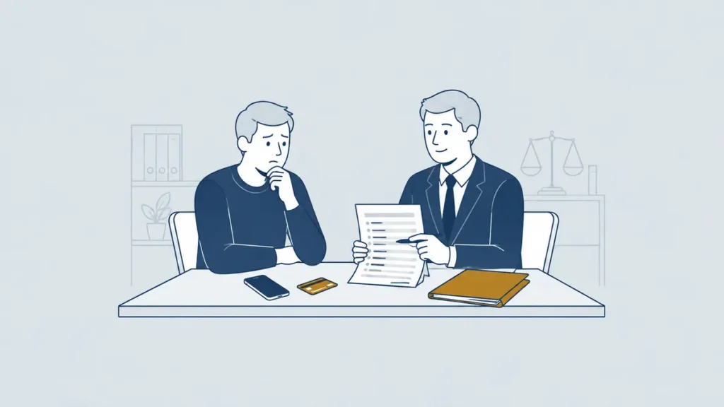 Advocaat bespreekt een verdenking van oplichting en financieel bewijs met een cliënt