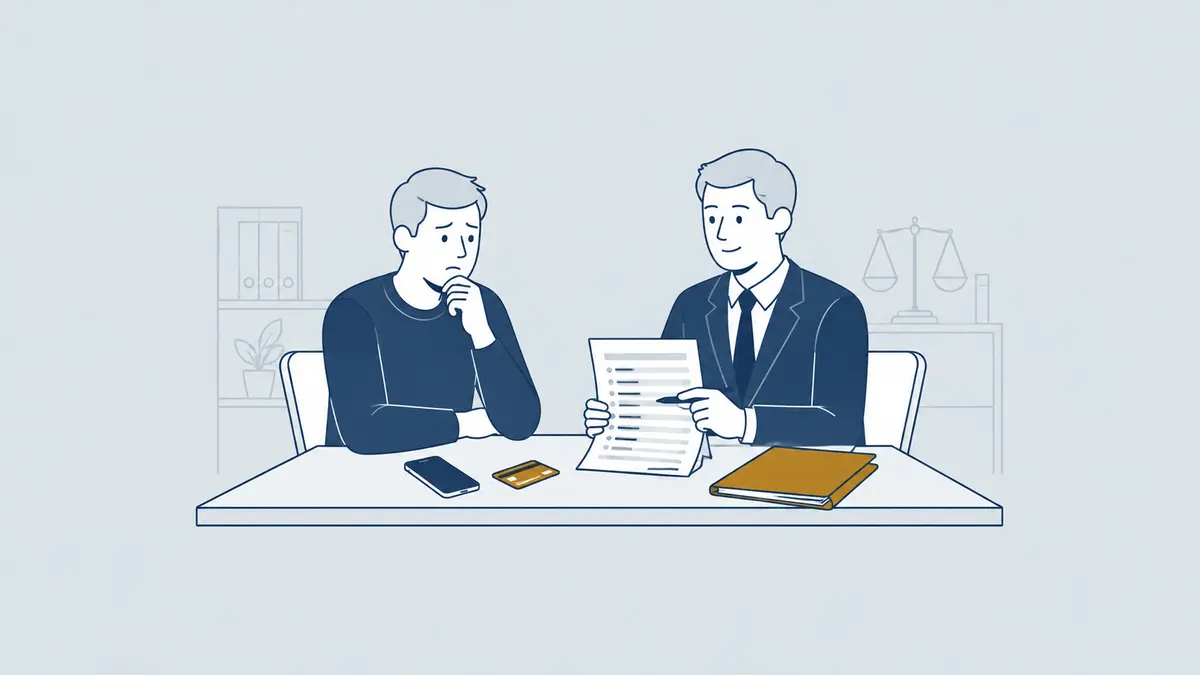 Advocaat bespreekt een verdenking van oplichting en financieel bewijs met een cliënt
