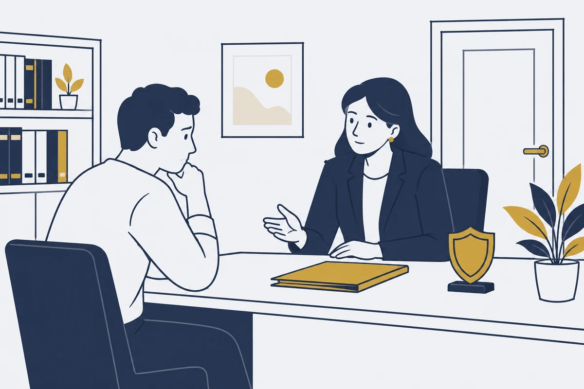 Cliënt voert een vertrouwelijk gesprek met een advocaat in een rustige spreekkamer met een gesloten dossier.