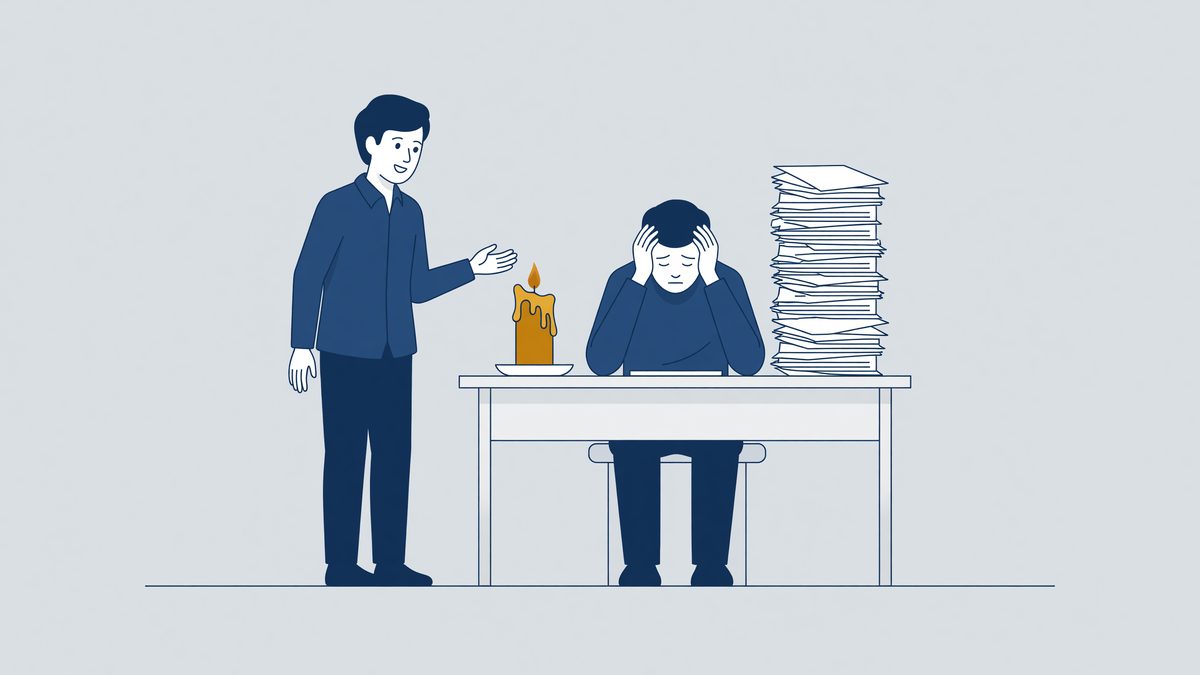 Illustratie: uitgeputte werknemer aan een bureau vol papier naast een opgebrande kaars, burn-out en werkstress