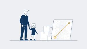 Ouder en kind naast verhuisdozen en een kaart met de route naar de nieuwe woonplaats
