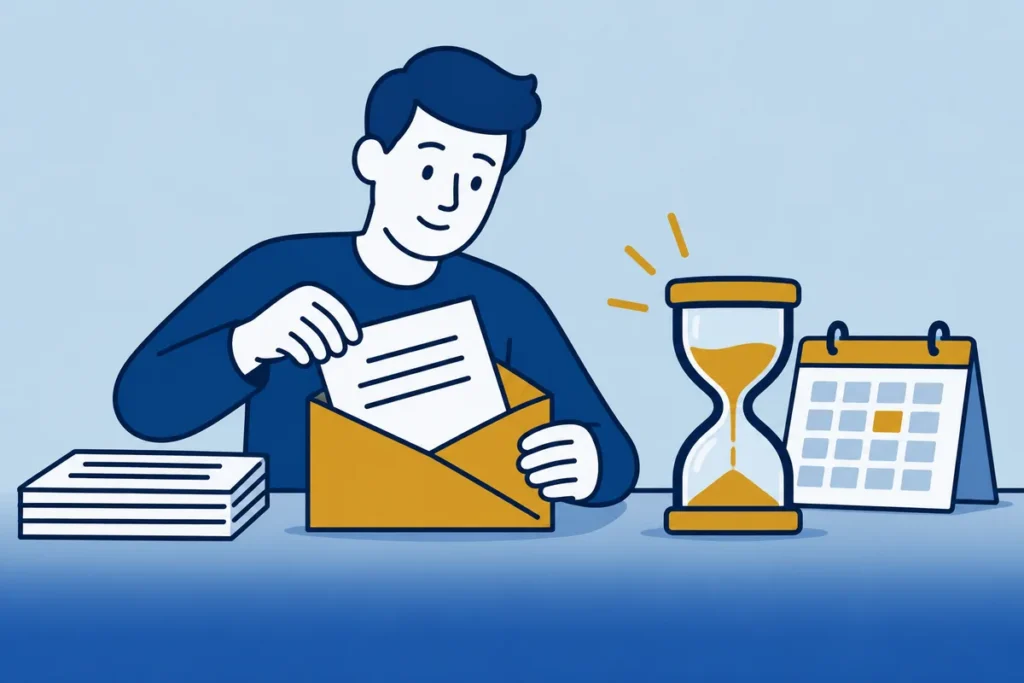 Man stopt een brief in een envelop naast een zandloper en een kalender.