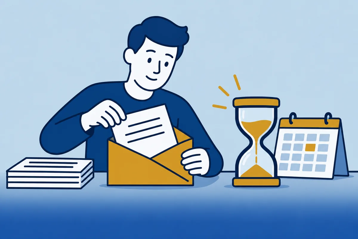 Man stopt een brief in een envelop naast een zandloper en een kalender.