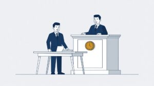 Verzoeker aan de zittingstafel tegenover de rechter, met een klok die haast aangeeft