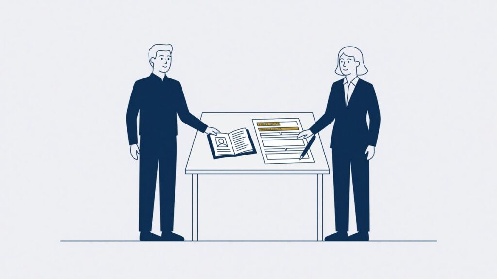 Persoon aan een bureau met identiteitsbewijs en het formulier voor voornaamswijziging