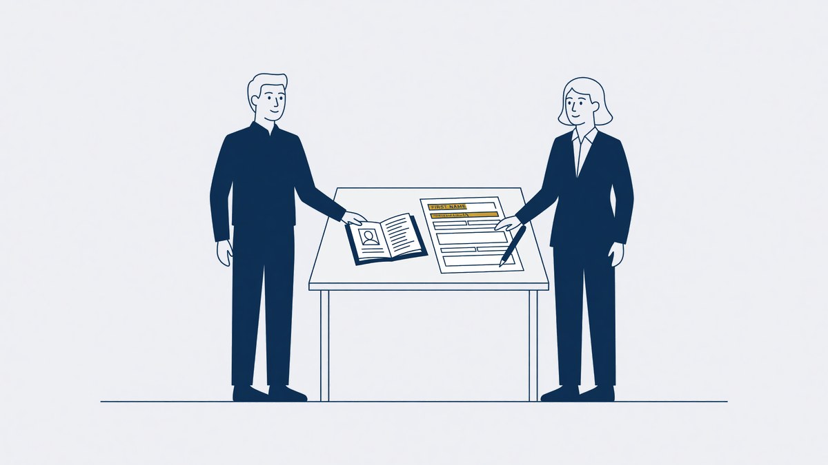 Persoon aan een bureau met identiteitsbewijs en het formulier voor voornaamswijziging