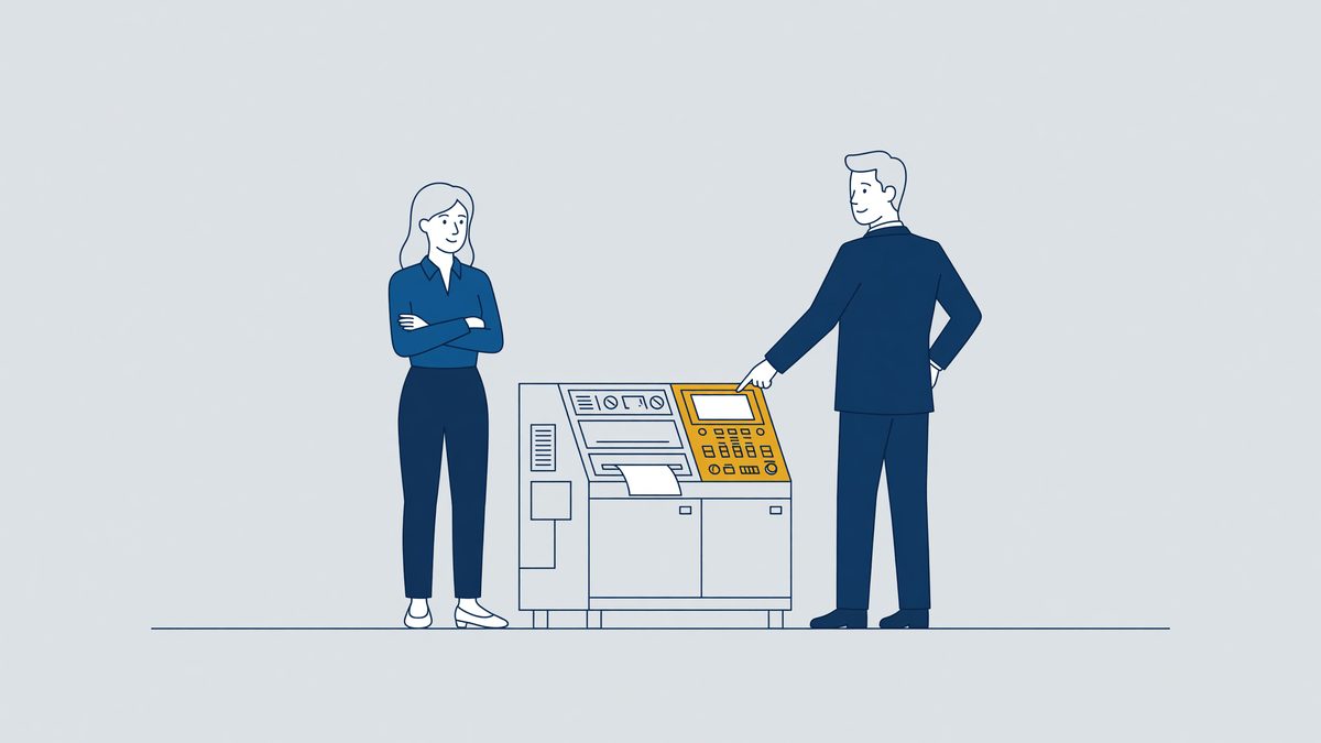 Illustration: an employee refuses a task at a machine with crossed arms, refusal to work