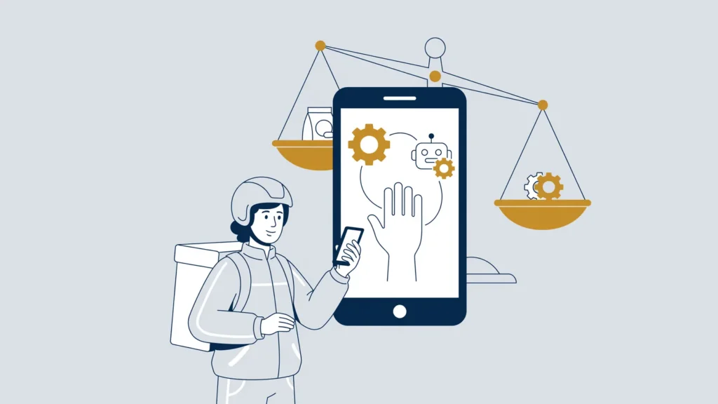 Maaltijdbezorger met smartphone, een app met tandwielen en een weegschaal op de achtergrond
