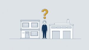 Illustration: a young worker between a temp agency and a factory with a question mark, who is your employer