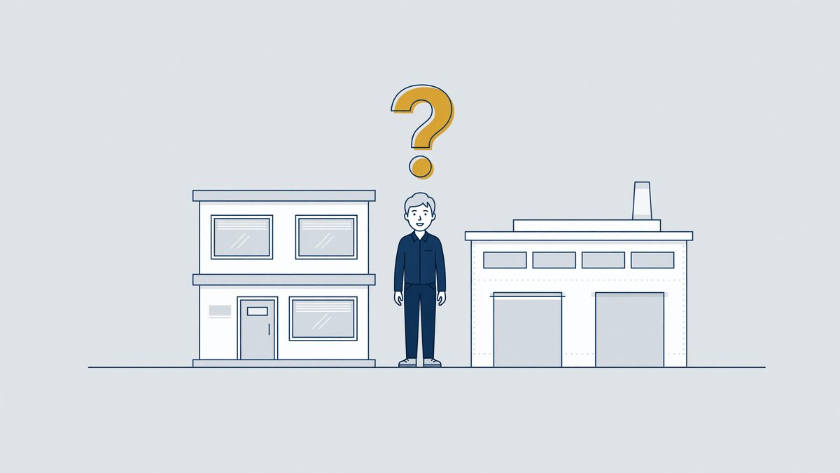 Illustration: a young worker between a temp agency and a factory with a question mark, who is your employer