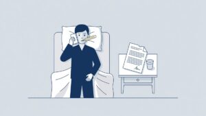 Illustration: a sick agency worker in bed with a thermometer and phone, the agency clause during illness