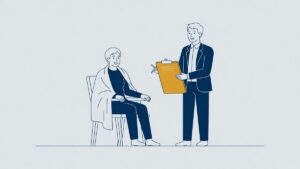 Illustration: a sick employee talks to the UWV insurance doctor, the sickness benefit
