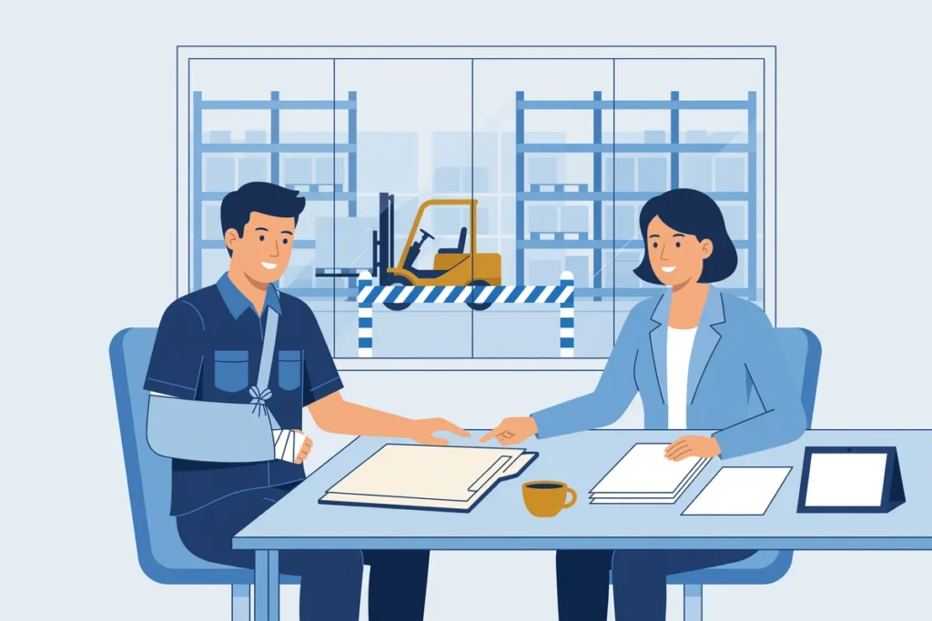 Magazijnmedewerker met arm in een mitella in gesprek met een advocaat, met op de achtergrond stellingen en een heftruck.